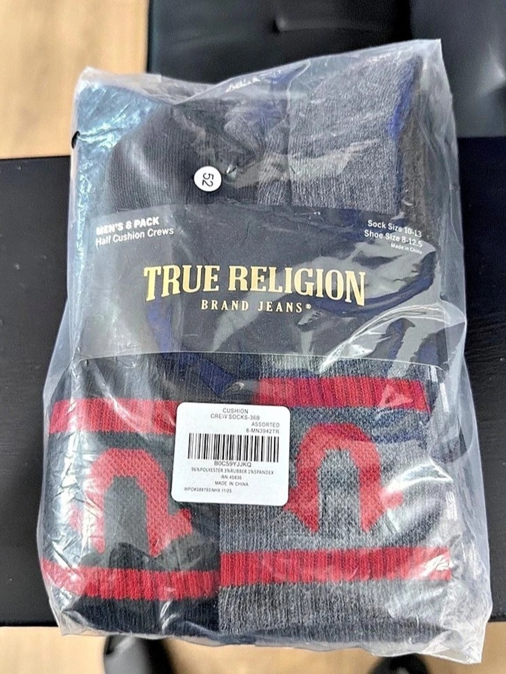 True Religion Men's 8 Pack Half Cushion Crew Socks Crew Socks in Gray & Red NWT